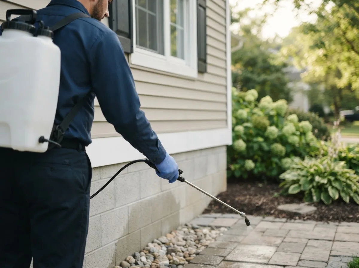 Pest control technician inspecting a home in Stilwell, OK
